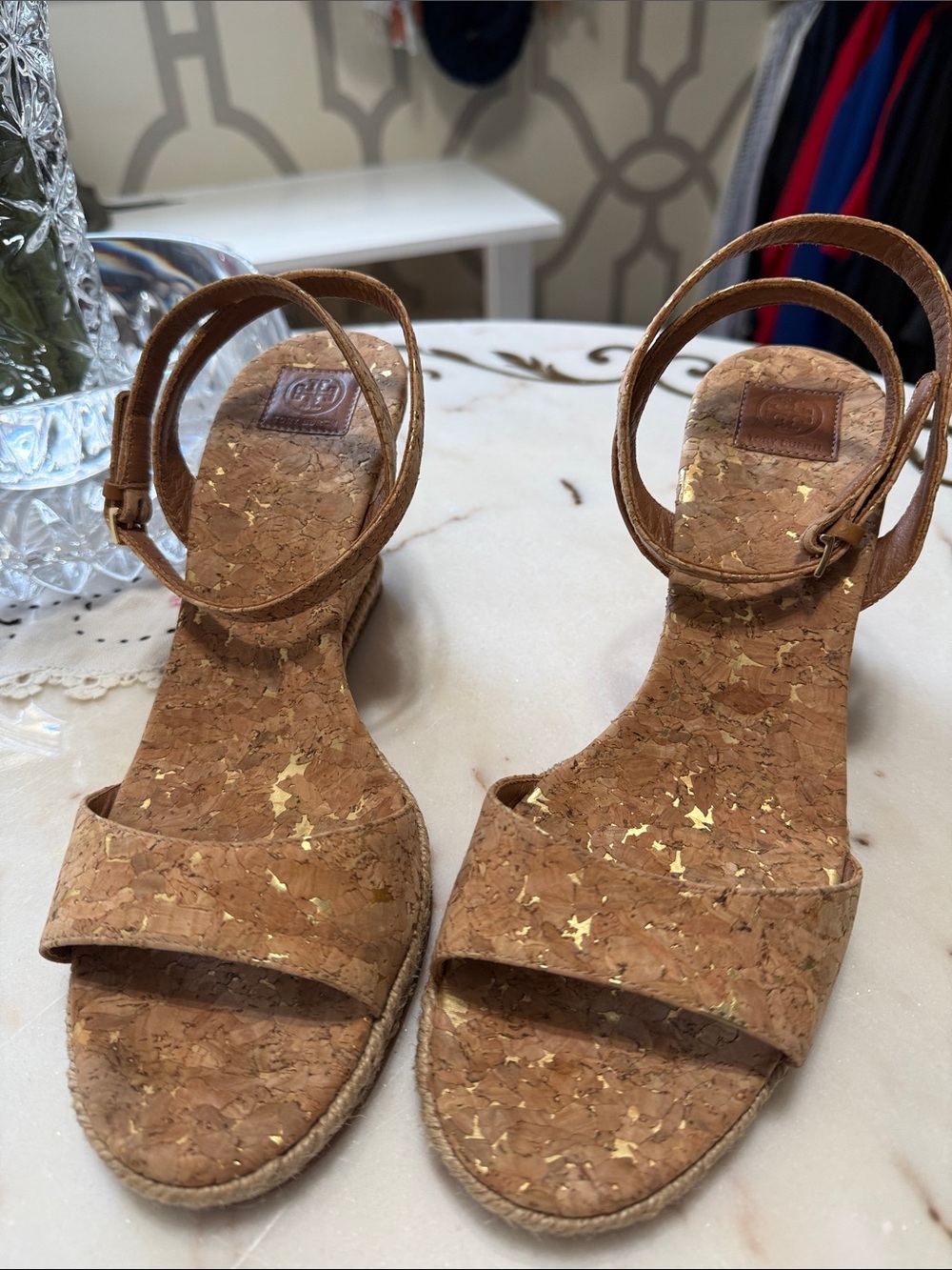 Tory Burch Cork Espadrille Wedge Sandals with Gold Fleck